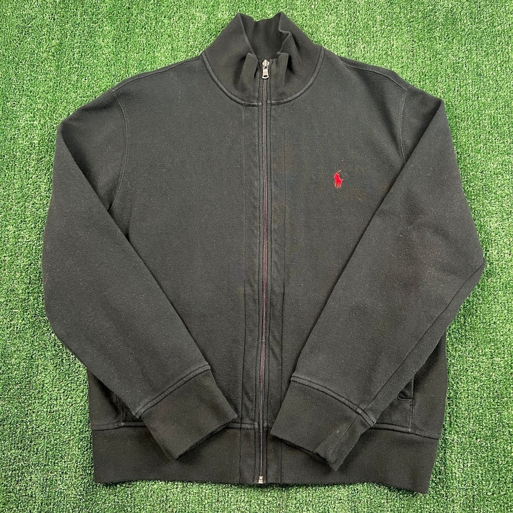 VTG Polo Ralph Lauren Sweater Men's XL Black Full Zip Cotton Mock Neck Red Pony